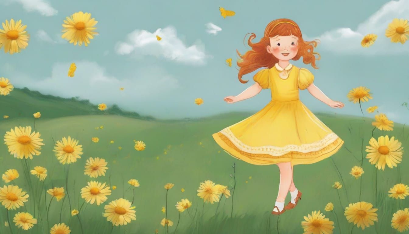 Little Girl in Floral Dress with Birds in a Green Field