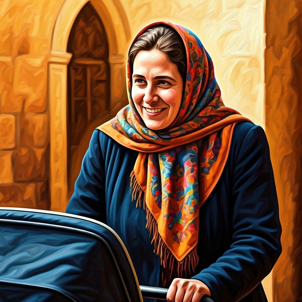 Haredi Jewish Mother Strolls with Joyful Smile in Vibrant Je...
