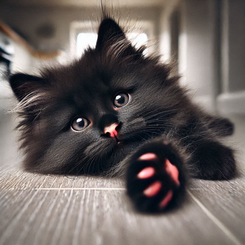 cute black kitten with pink nose and toe beans