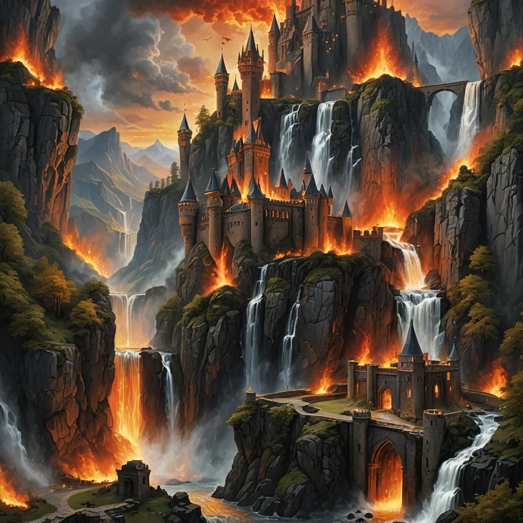 a painting of a castle in a mountain with a waterfall on fire, dramatic fantasy art, world on fire, fantasy matte painting, beautiful oil ma...