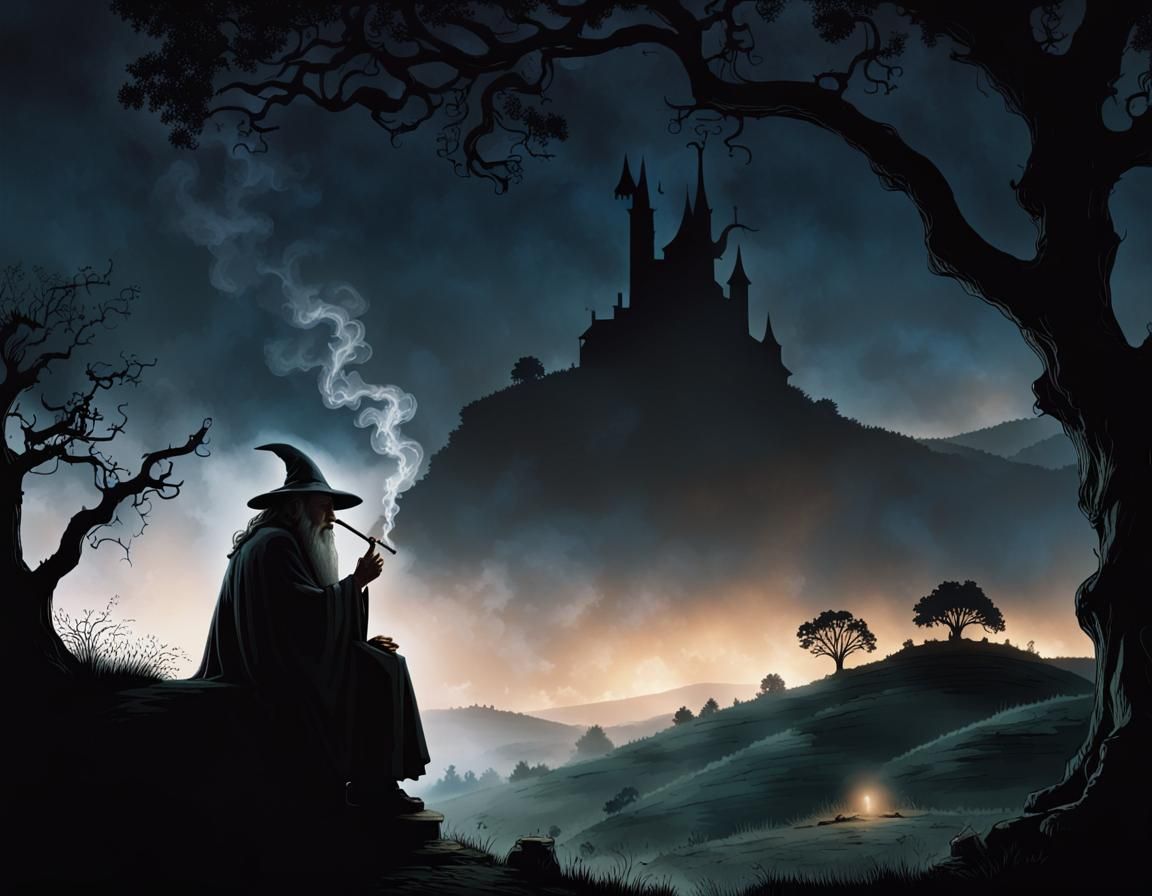 A dark silhouette of Gandalf, sitting propped up against an oak tree ...