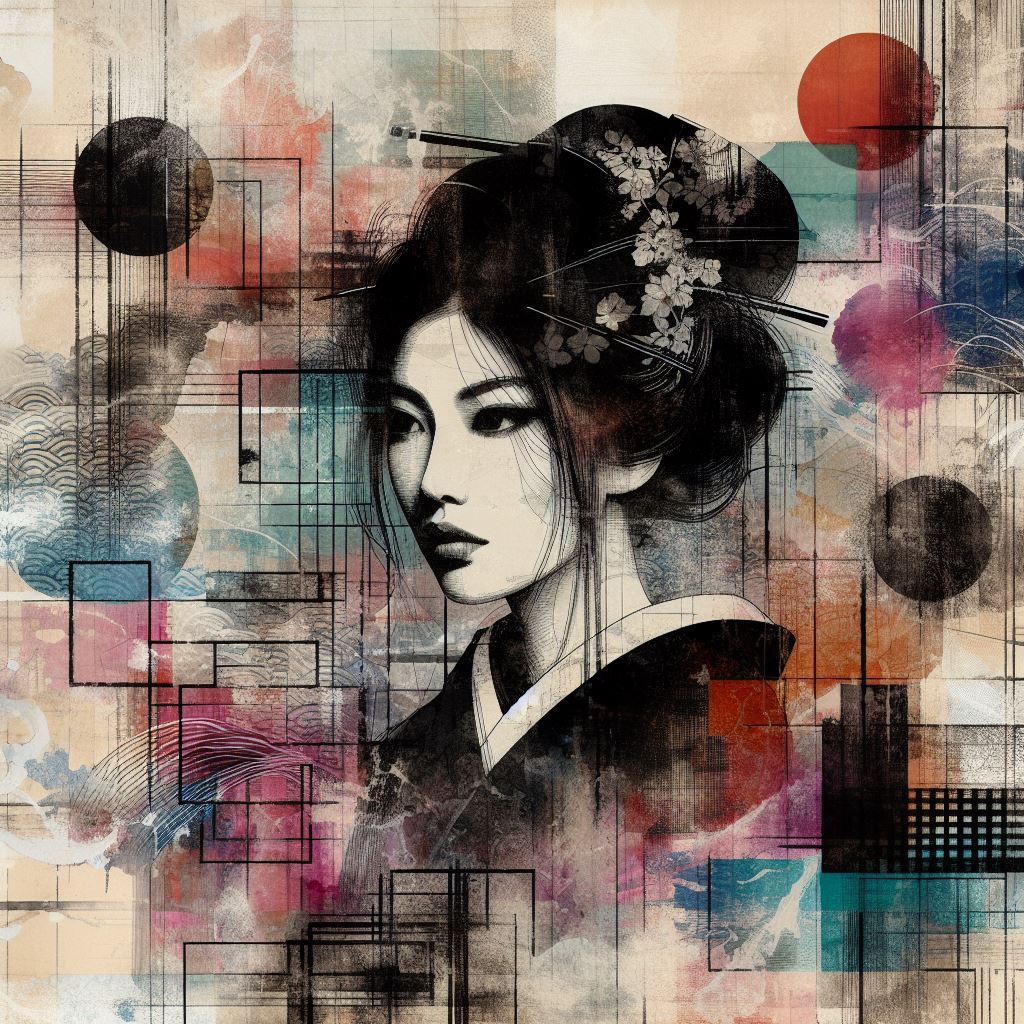 Abstract collage portrait. Japanese ink