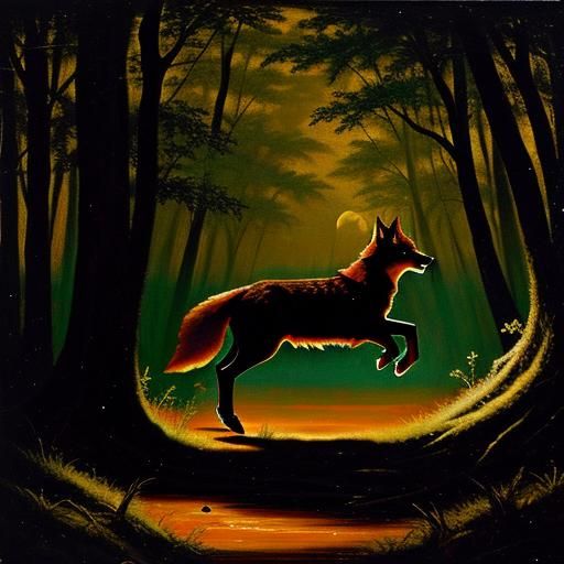 A red wolf jumping into a hole on the forest floor, in the 1...
