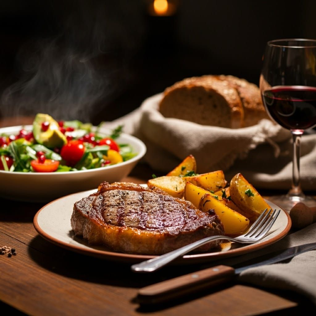Richly Detailed Meal: Steak, Potatoes and Salad