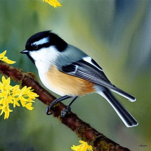 A Chickadee And Forsythia I - Ai Generated Artwork - Nightcafe Creator