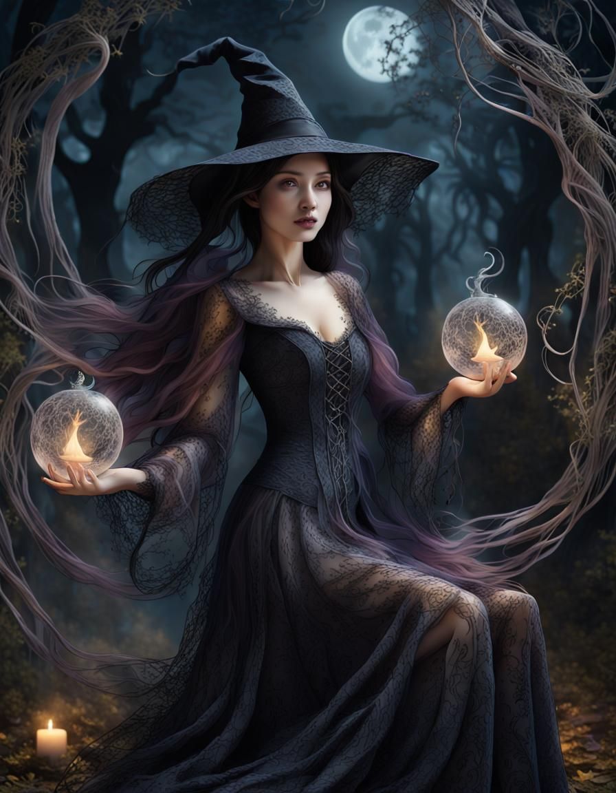 moonlit masterpiece, ghostly lacy magical WITCH sways with otherworldly ...