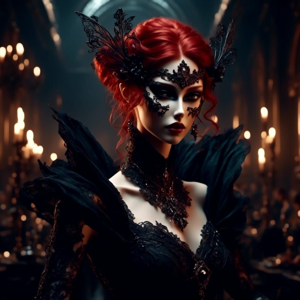 Captivating Gorgeous Elf Woman , Red Headed In Little Black Dress Eyes 