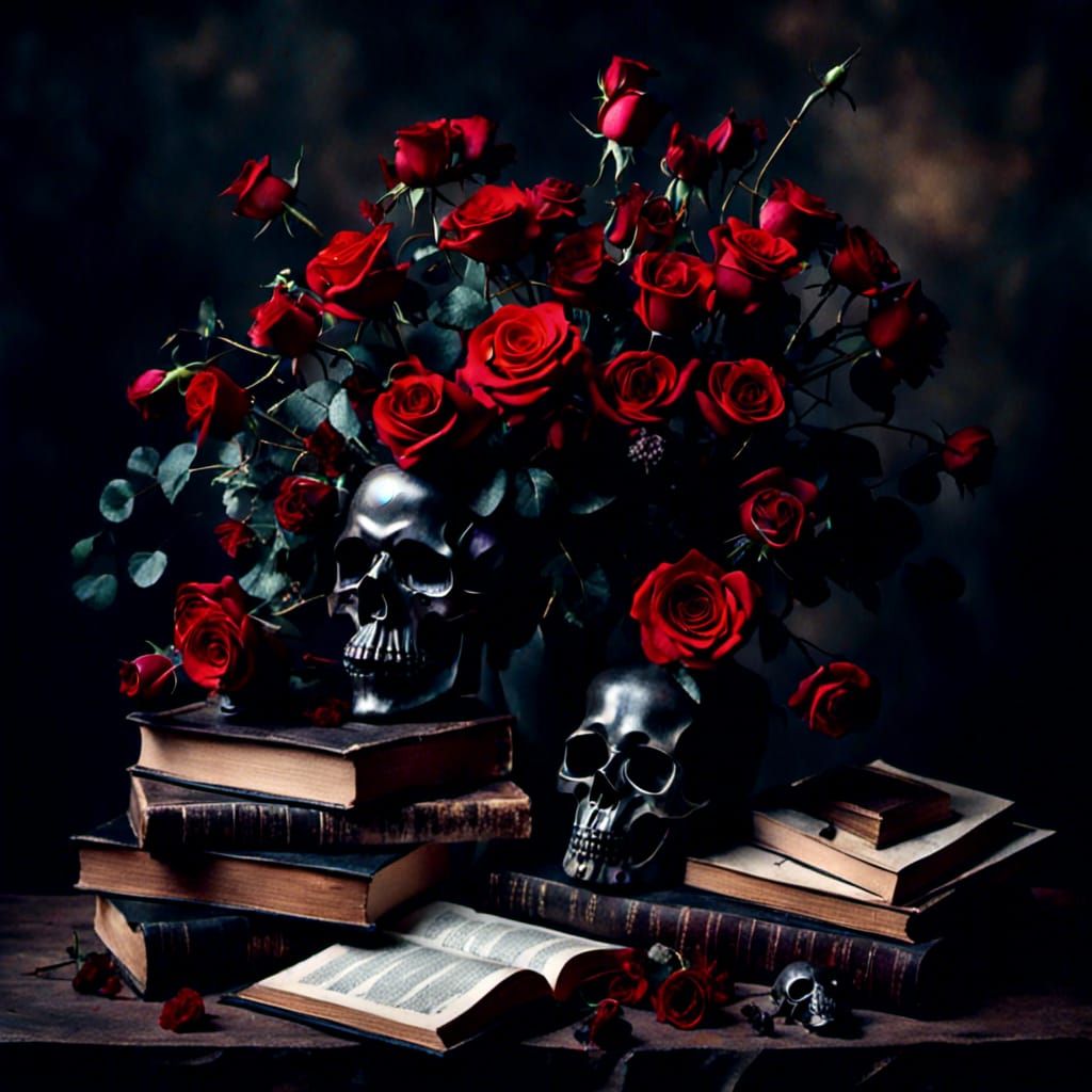 Still life with books, skulls and roses