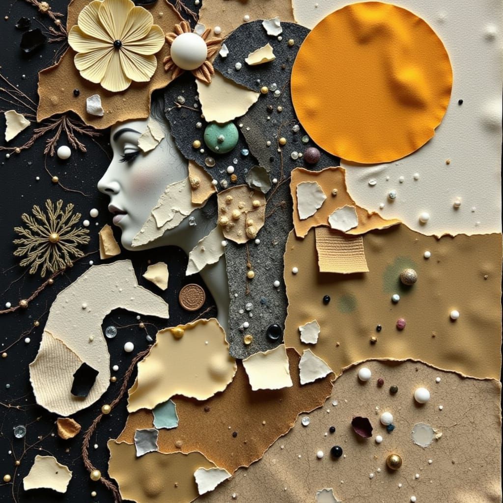 <lora:Substrata:1.3> echoes of memory tactile reverie veiled fragments subconscious collage layered luxe ritual introspection