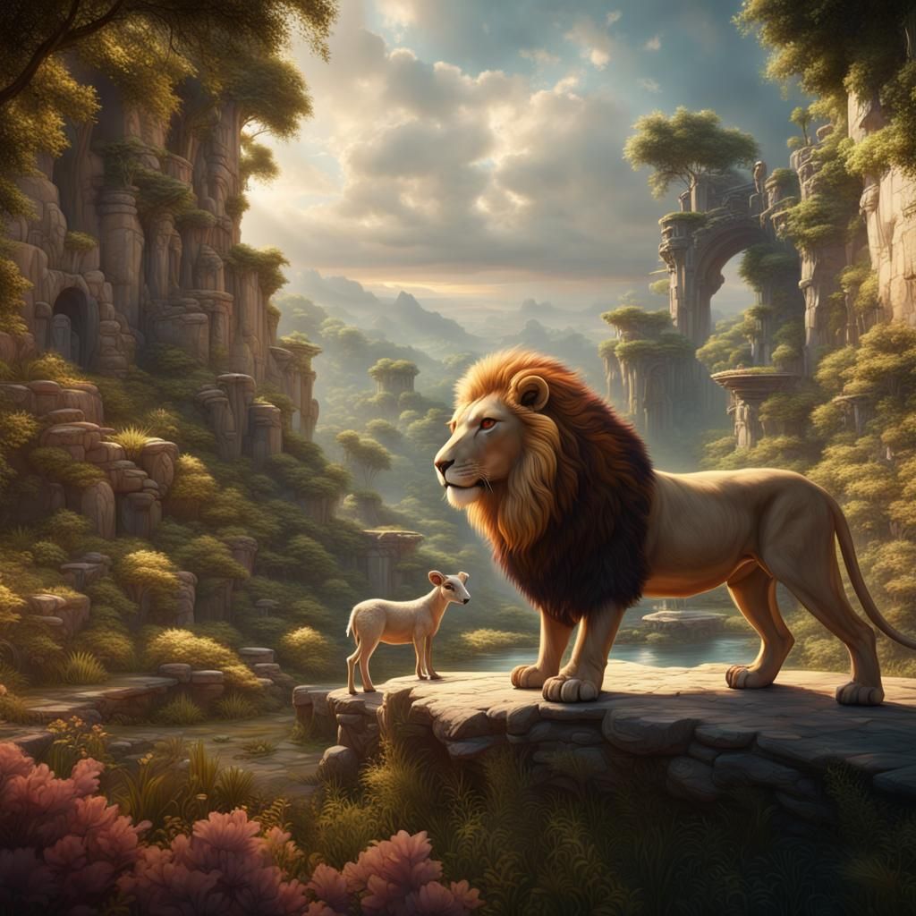 Earthly paradise with a lion and lamb existing in peace