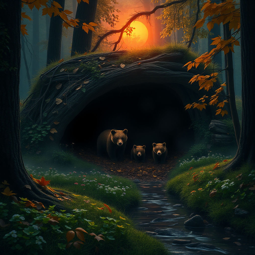 Old bear den with Mom and bear cubs