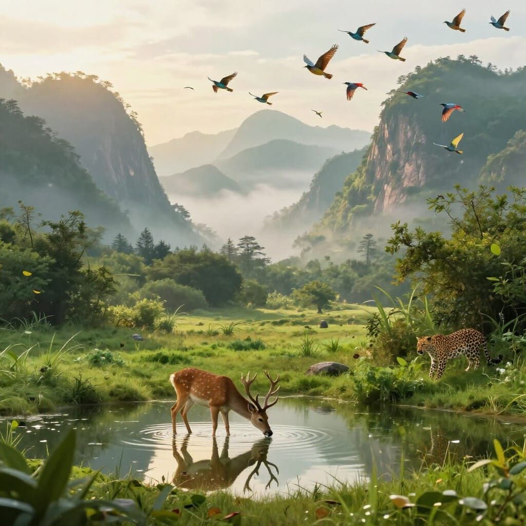 Lush Valley With Deer Drinking At Lake, Morning Light