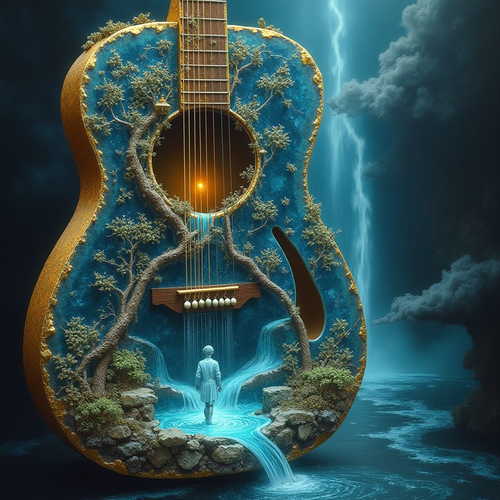surreal scene featuresa acoustic guitar and yellow gold aura in blue colors glowing   by @Mr DudaF10z  