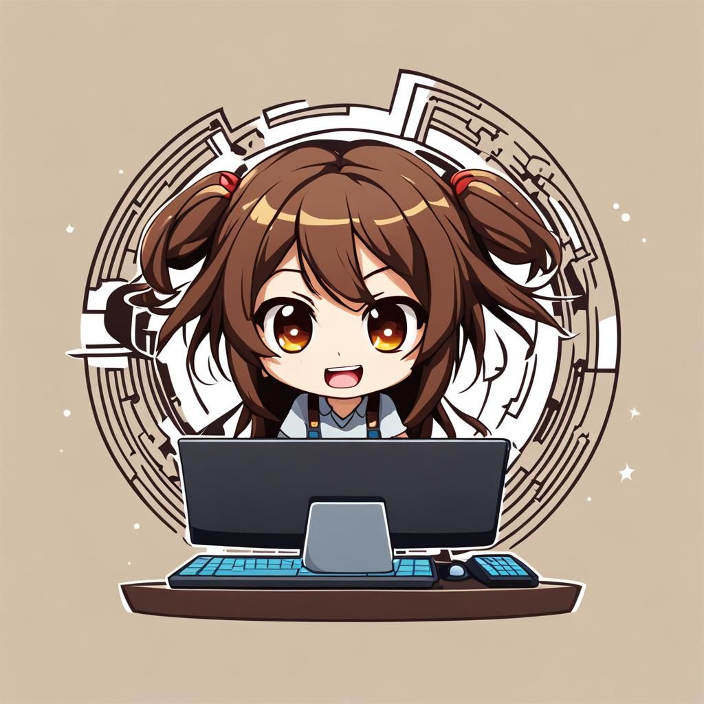Cute brown hair chibi woman playing on computer with crazy f...