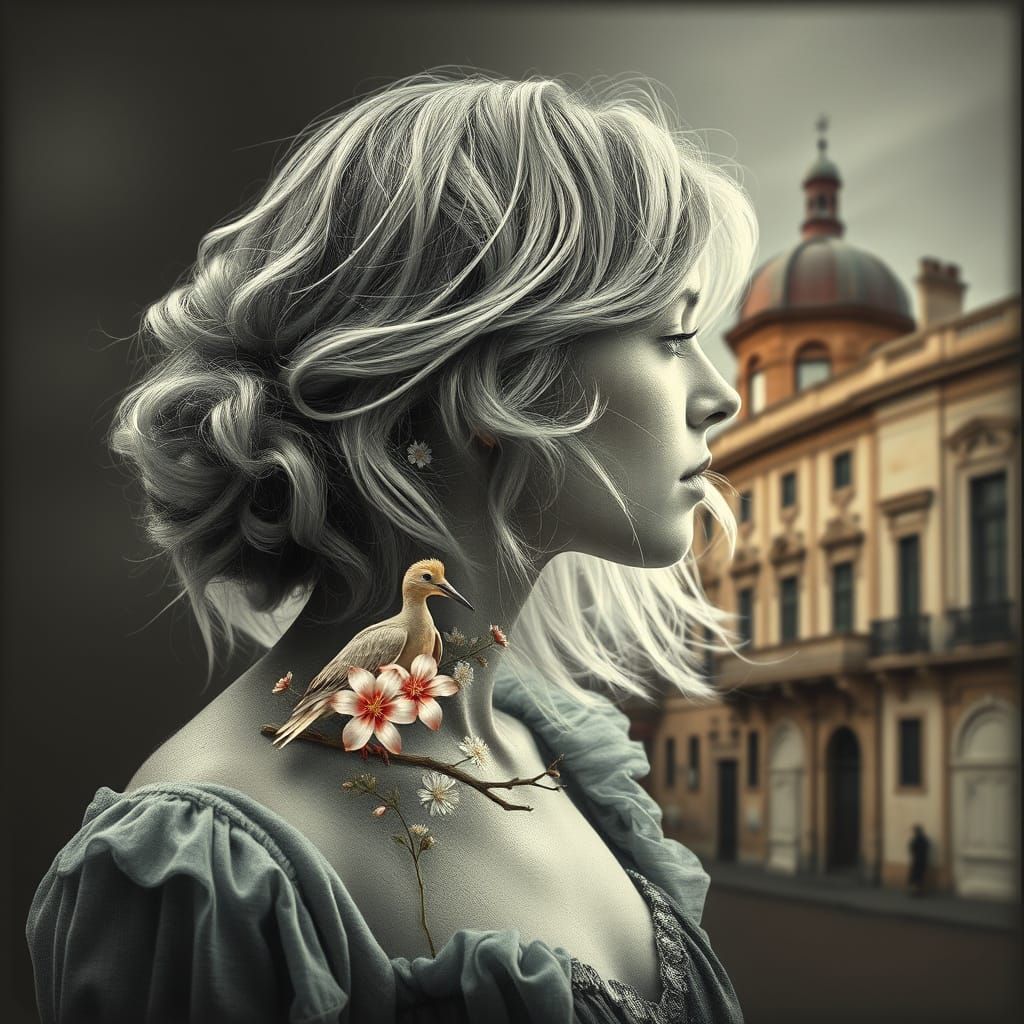 Ethereal Woman in Ancient Cityscape, Watercolor Style