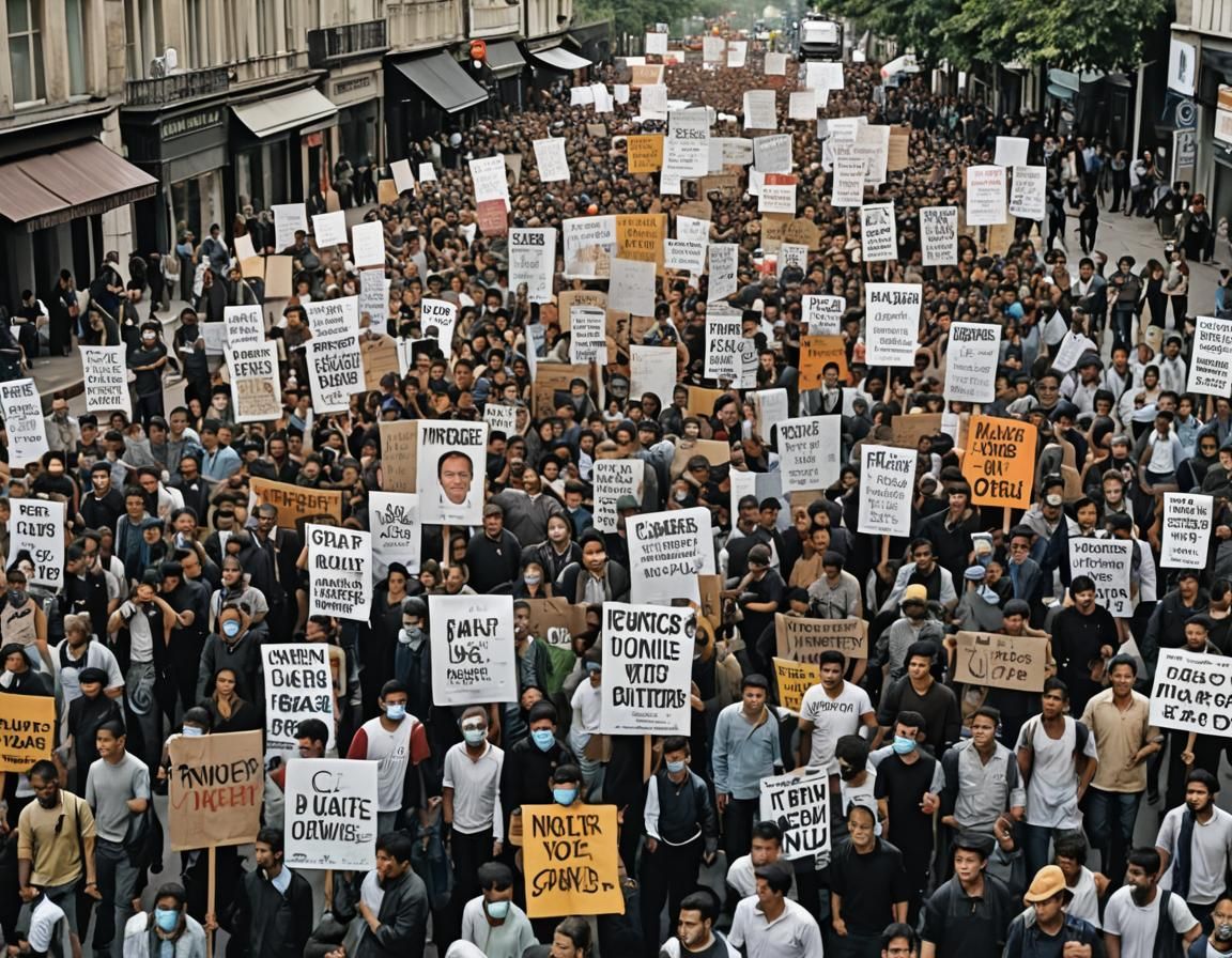 Protesters on street stands with angry poster