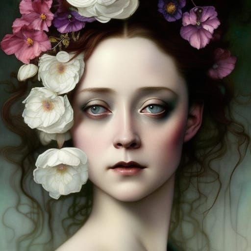 with flowers in her hair