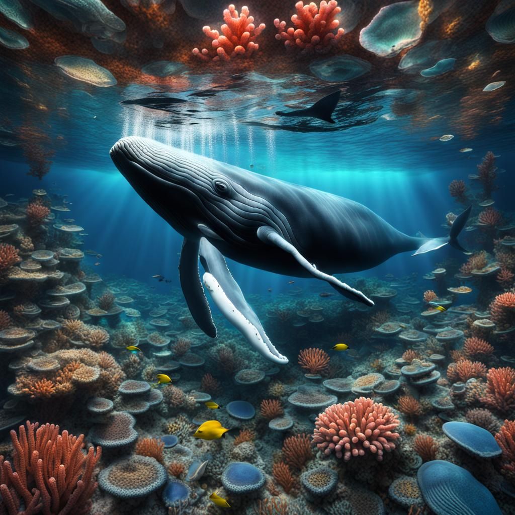 a whale in a magical coral reef mosaic