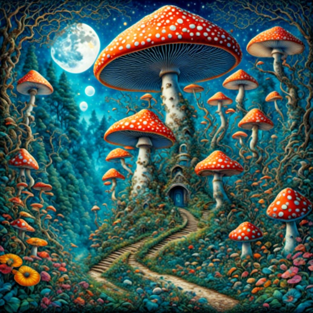 <lora:Mystic Moon:1.0> <lora:Midnight Garden:1.0> <lora:FarOut:1.0> Folk art style of zentangle style giant mushroom forest w/magical silver...