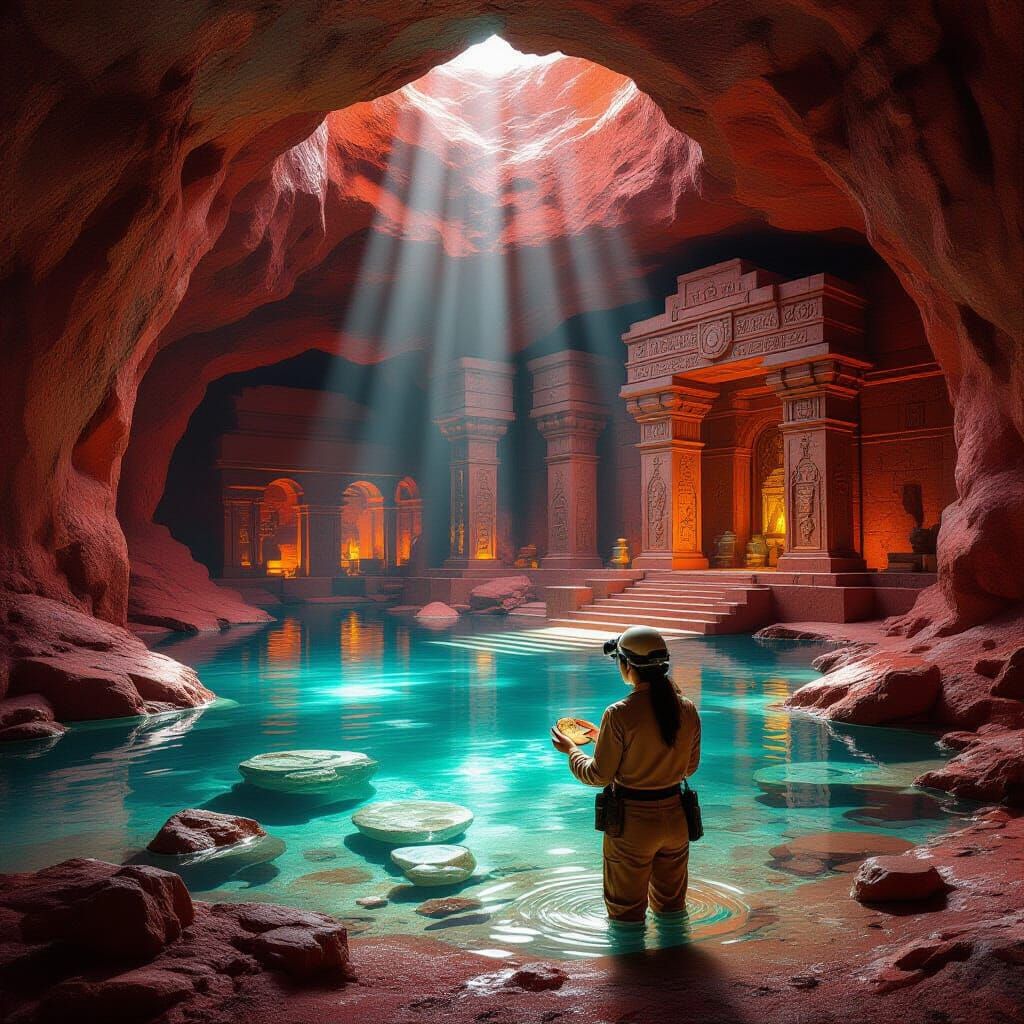 Гиперреалистичная фантазийно-футуристическая сцена в качестве 8K.
Изобрази большую пещеру из красного камня, с прозрачной, почти стеклянной ...