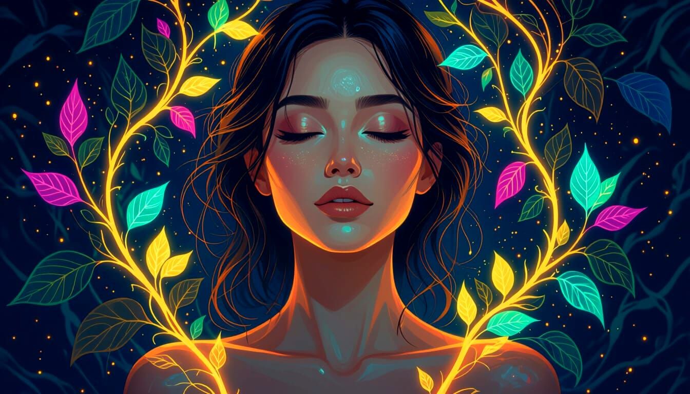 Luminous Cyber-Art Portrait of Woman with Neon Vines