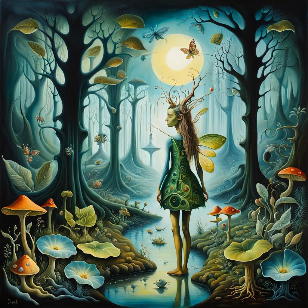 Fairy in Magical Forest: Surreal Oil Painting