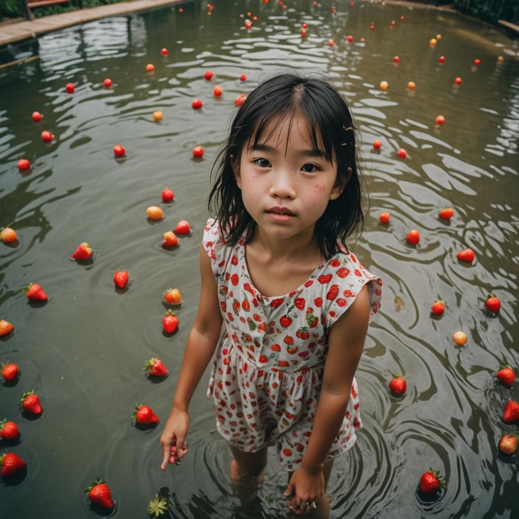 Asian Girl With Light Brown eyes  who Go Outside and Pick St...