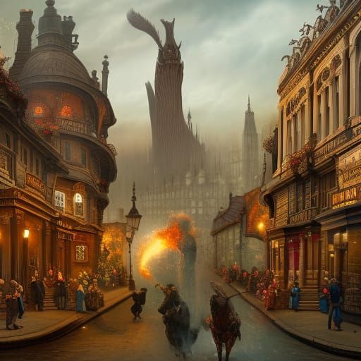 Victorian era London street with a dragon attacking the quee...