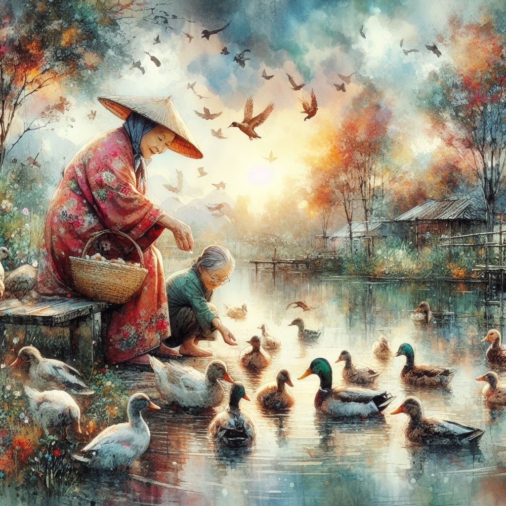 Feeding the ducks with grandma