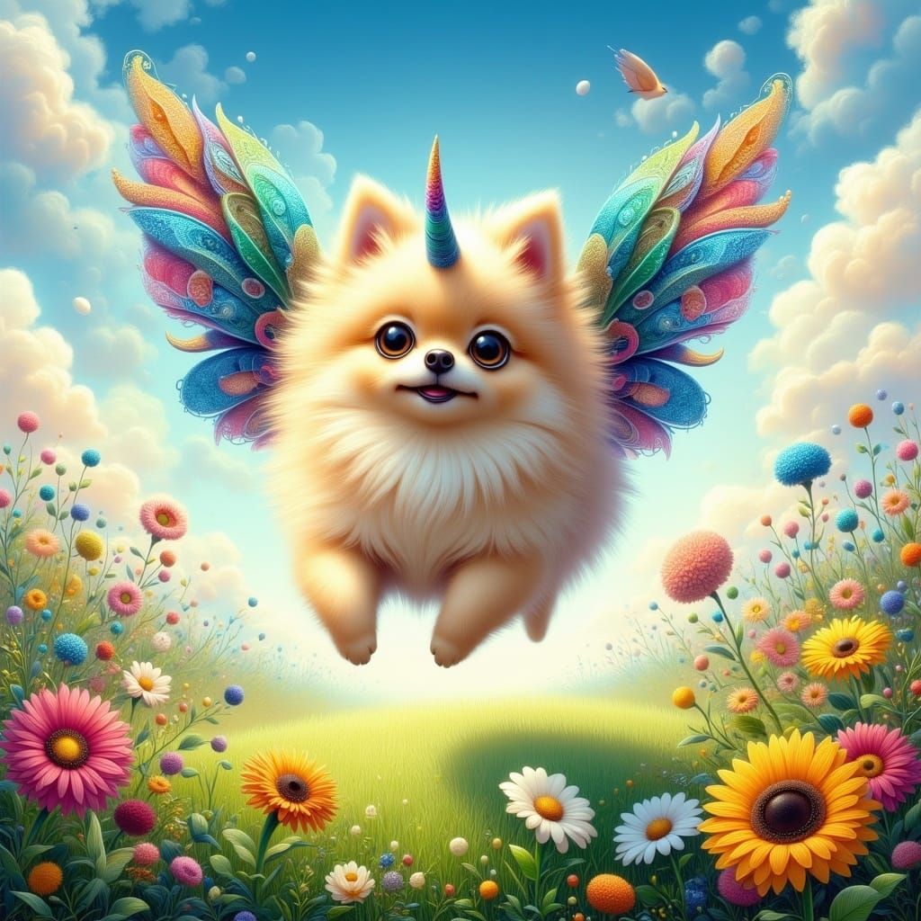 <lora:Ultra Cute Flux:1.0> Cream pomeranian with a  colorful...