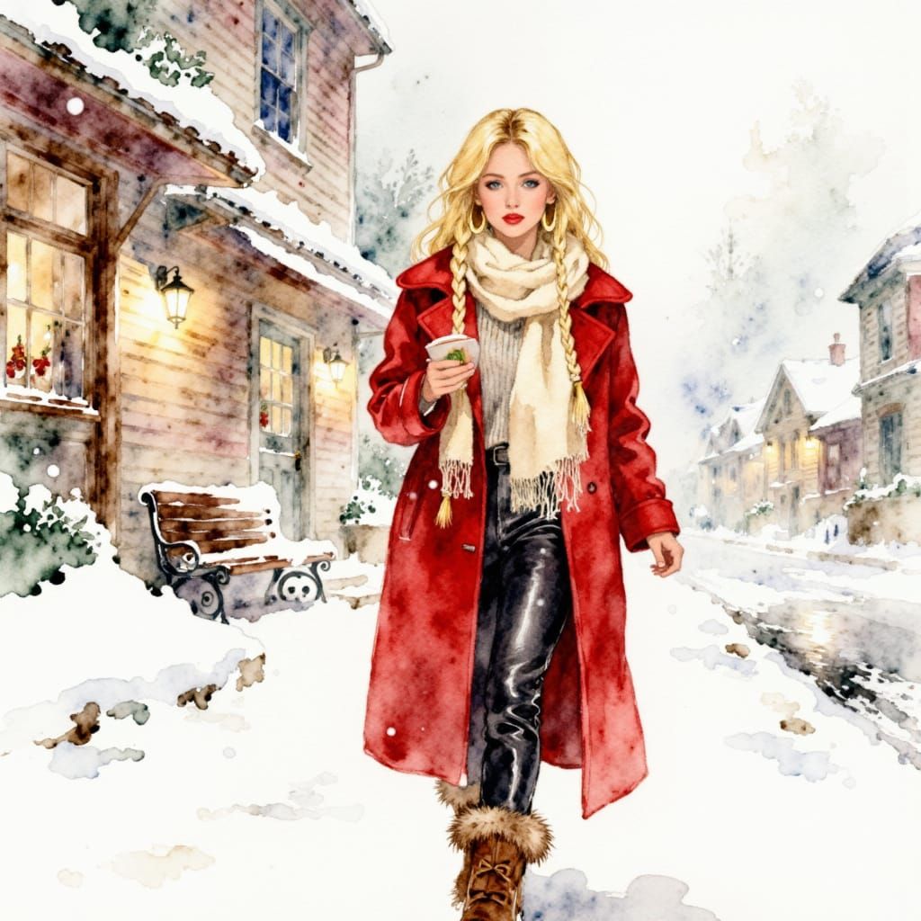 <lora:SeedreamArtcafe:1.0> Image of a lovely blonde woman walking outdoors on a snowy winter day, her warm white skin, long eyelashes, gazin...