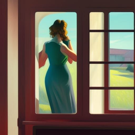 woman looking through the window of a moving train in a vill...