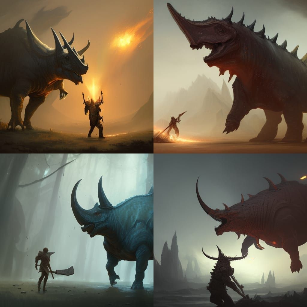 humanoid triceratops, with axe and armor