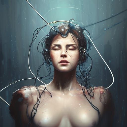 Futiristic woman with cables pumping liquid into her head