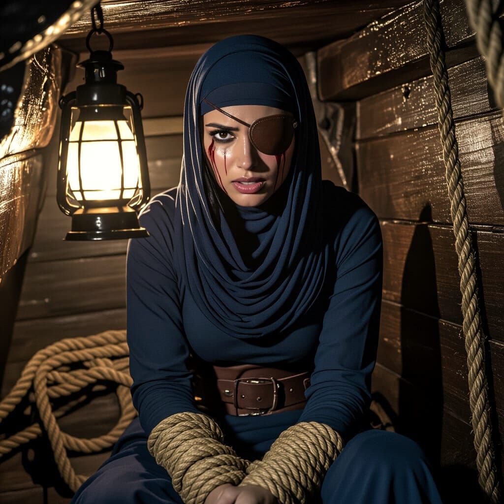 Cinematic photograph of a hijabi pirate being held captive in a dark and dirty space below deck. no. 2