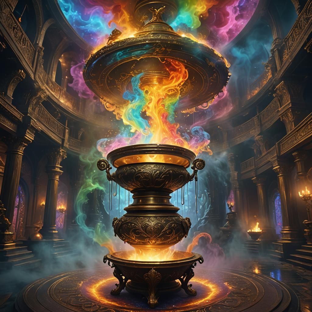 Ornate Lid Above Mystical Cauldron in Digital Painting