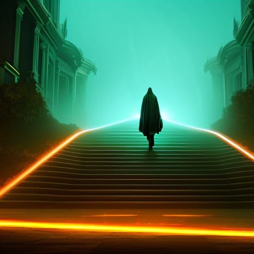 Scary ghost on stairs 8k resolution concept art ominous glowing neon ...