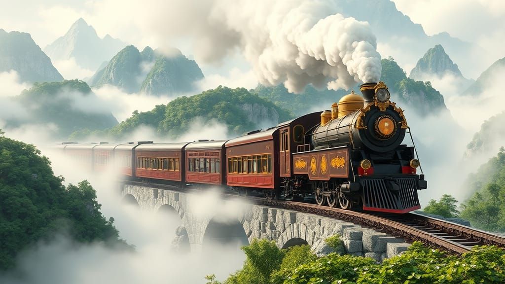 vintage train travelling through china's beautiful mountainous, foggy landscape. leuong style
  by @Janet Brien