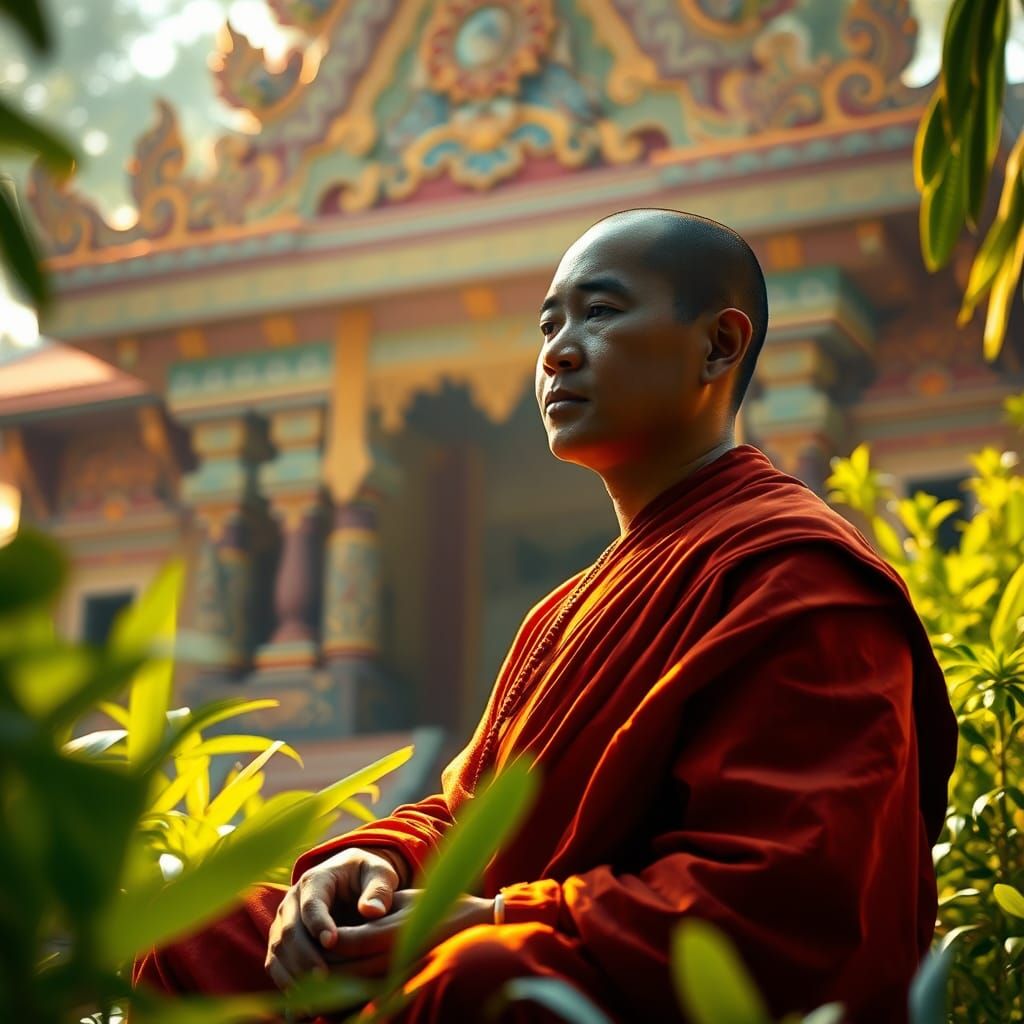 Meditative Monk in Divine Light, Hyperrealistic Rendering