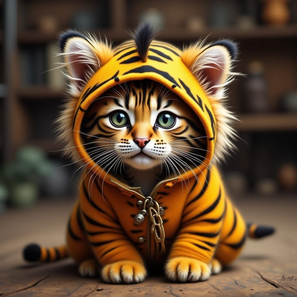 <lora:Cats and Dogs:1.0> <lora:Feline Flux:1.0> <lora:Tiger Tiger:1.0>" A fluffymdomestic cat wearing a tiger costume complete with stripes ...