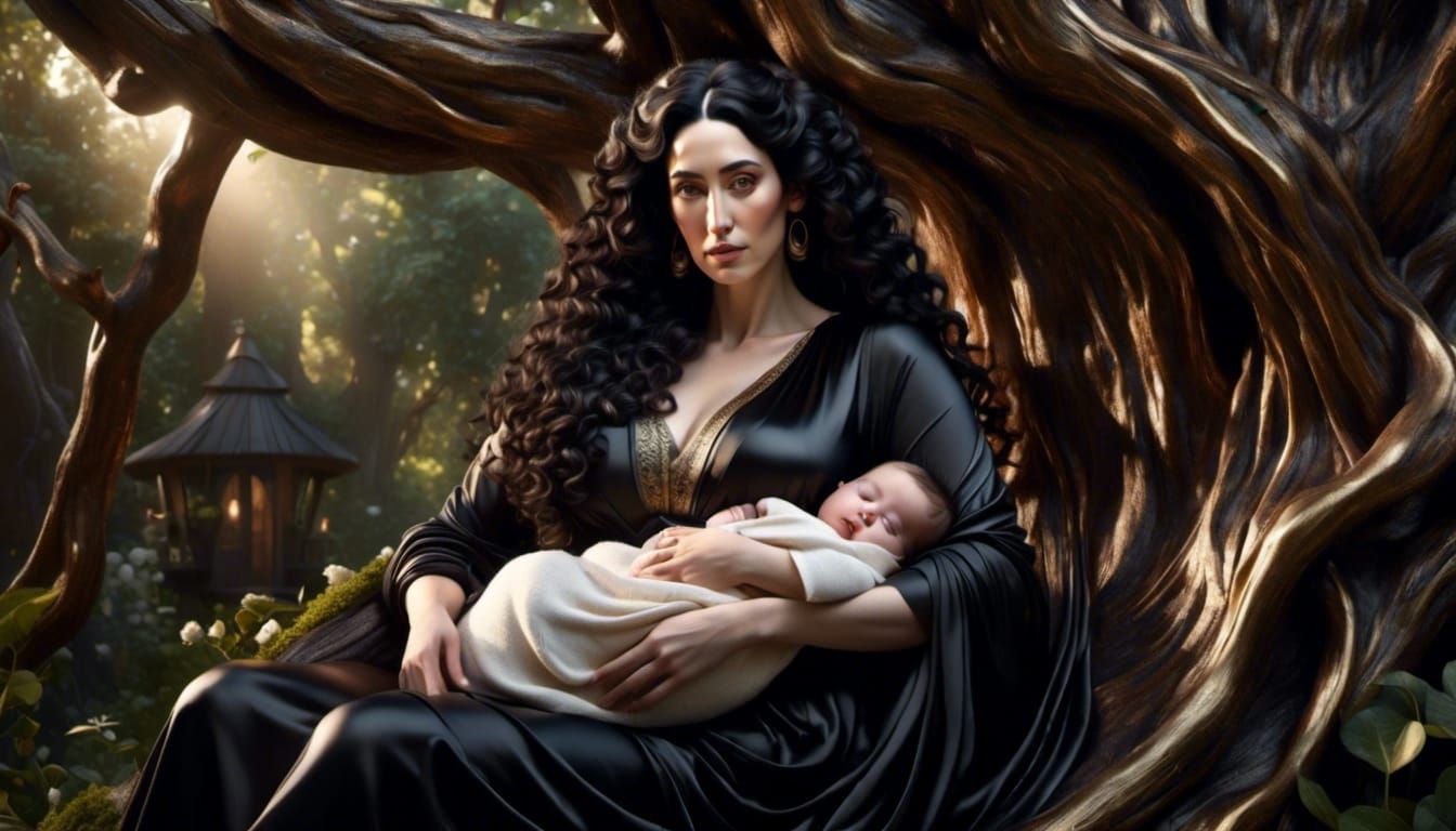 <lora:Hadassah:1.0>  A curvaceous jewish woman with a long face and angular features, long curly black hair, black eyes, pale skin, and aqui...