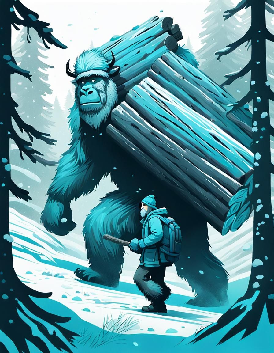 Cyan monochromatic art work, carrying logs pile of over shou...