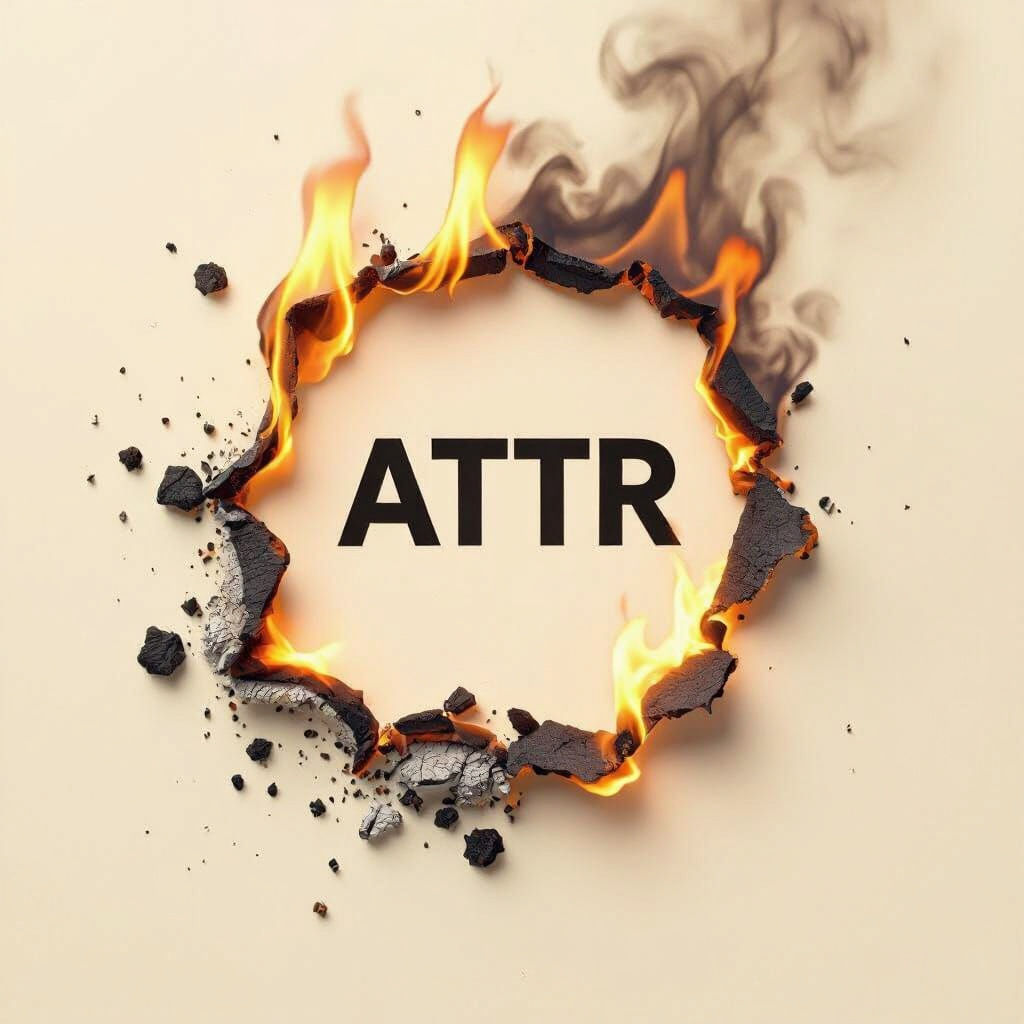 create a photo that has a word "ATTR" on a paper and at the center of the paper where the word ATTR is located it's burning together with th...