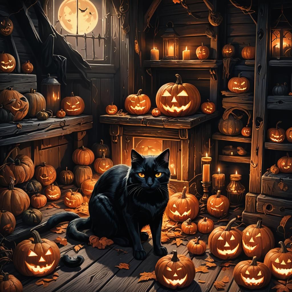 Eerie Black Cat in Dark Fantasy Cabin
