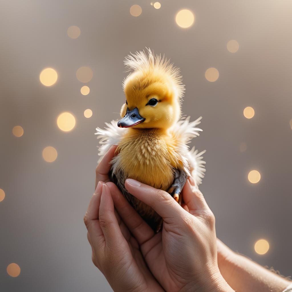 realistic Baby Duck/Unicorn with a Horn and in a Persons han...