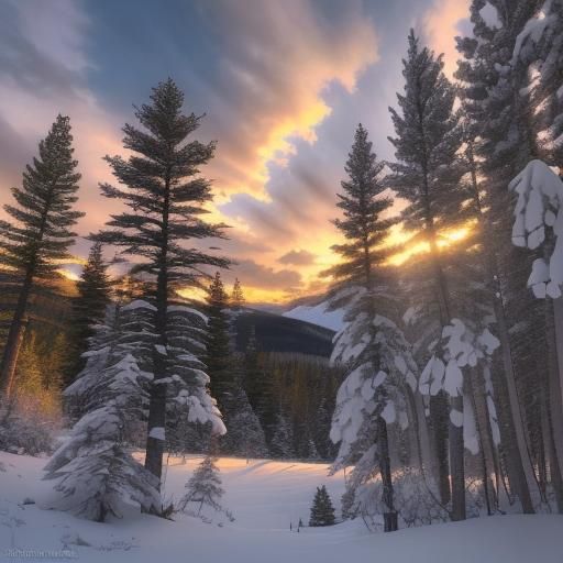 snowy mountain sunset, pine trees, aspen trees - AI Generated Artwork ...