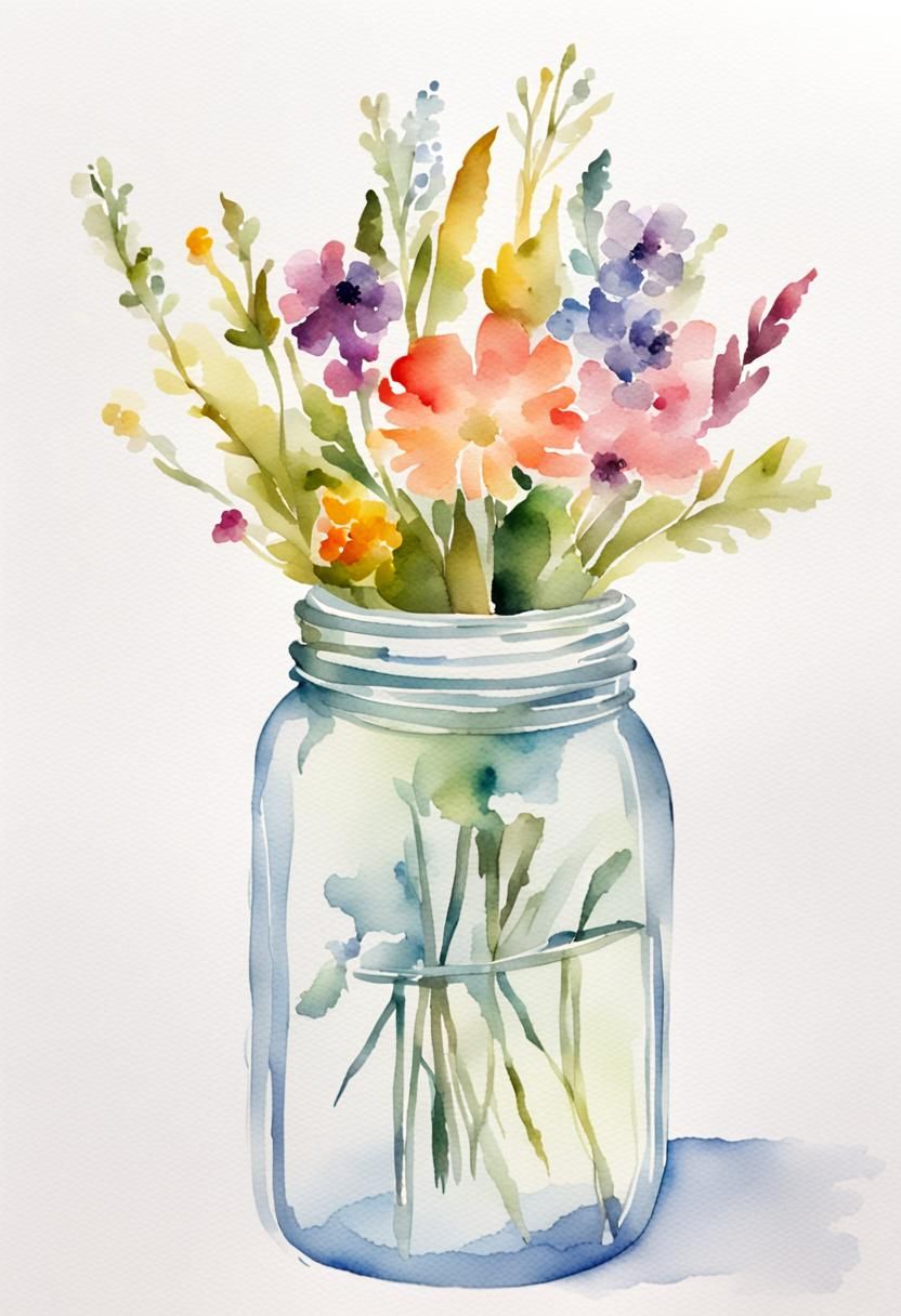 Canning jar of watercolor flowers  by @Gramma_to_2