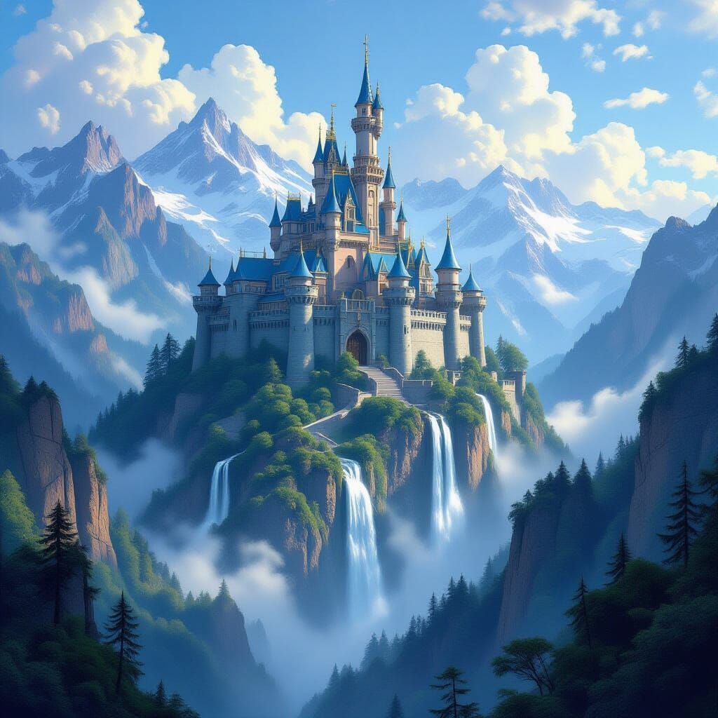 A massive castle sitting atop a mountain, with waterfalls and forests surrounding it under a blue sky
