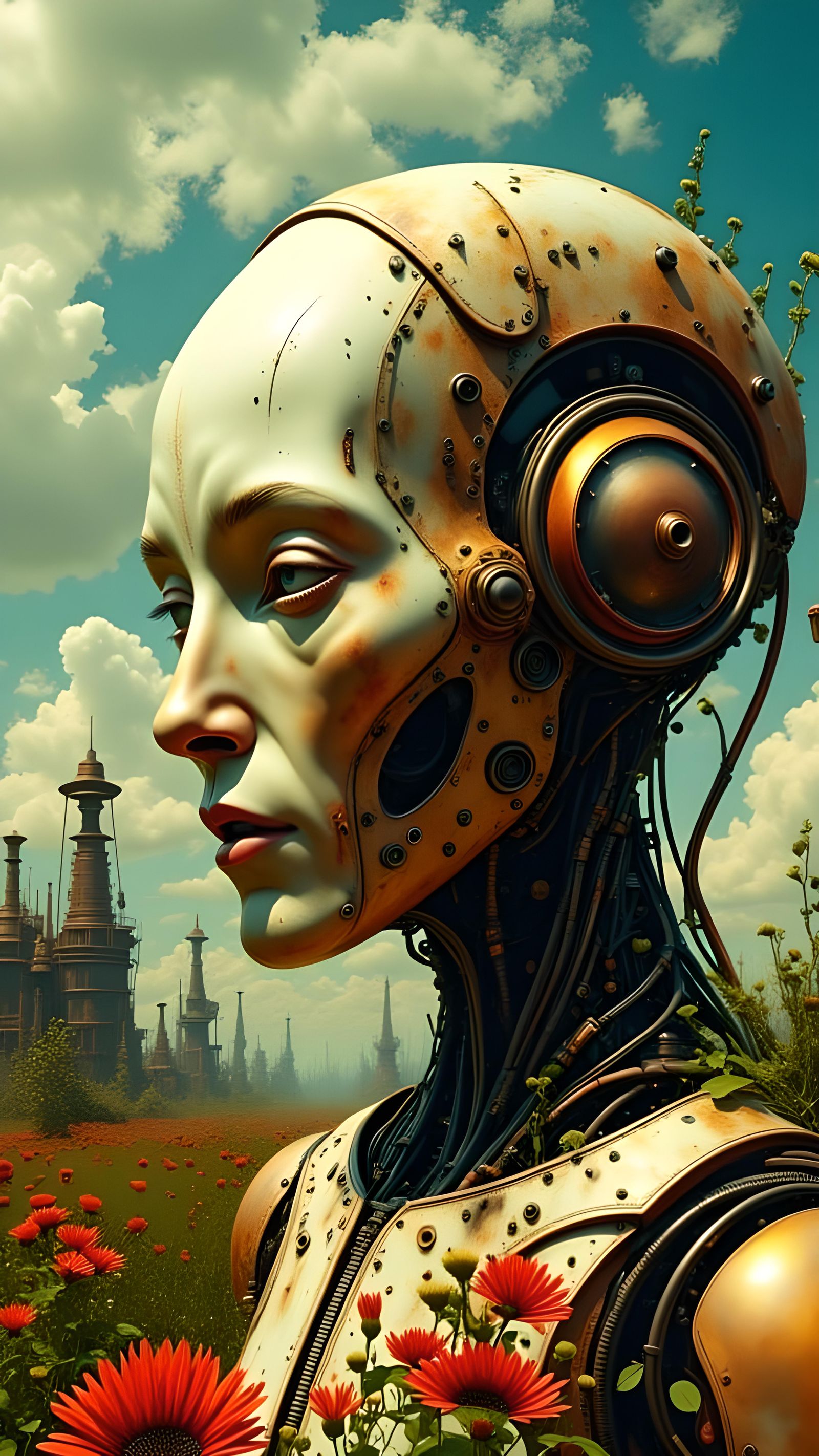<lora:Sackbut Official:1.0> Ivory Robot in Post-Apocalyptic Automation Farm