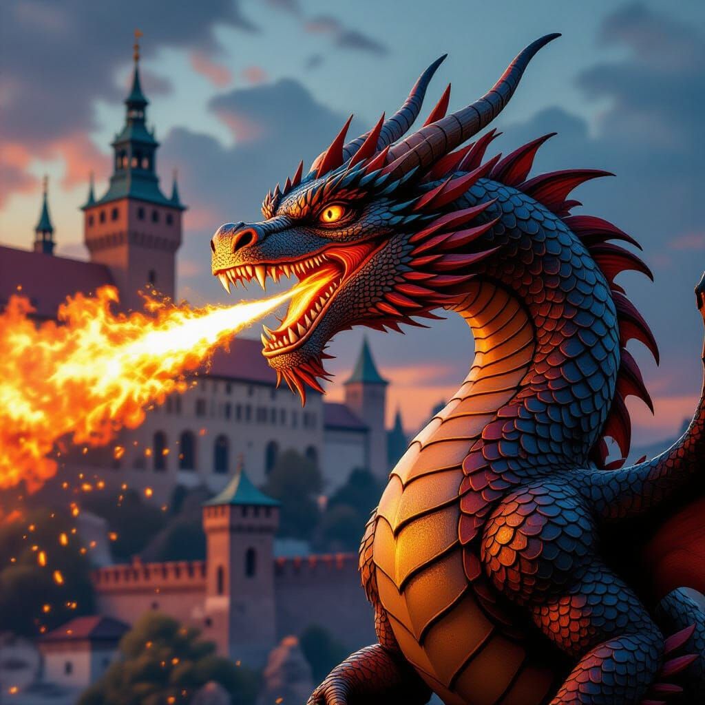 A fierce Polish dragon breathing fire in the cave under the Wawel castle